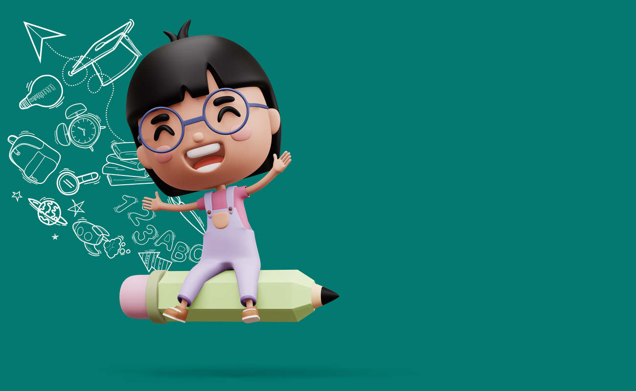 Happy child with pancil, cute girl cartoon character, 3d rendering