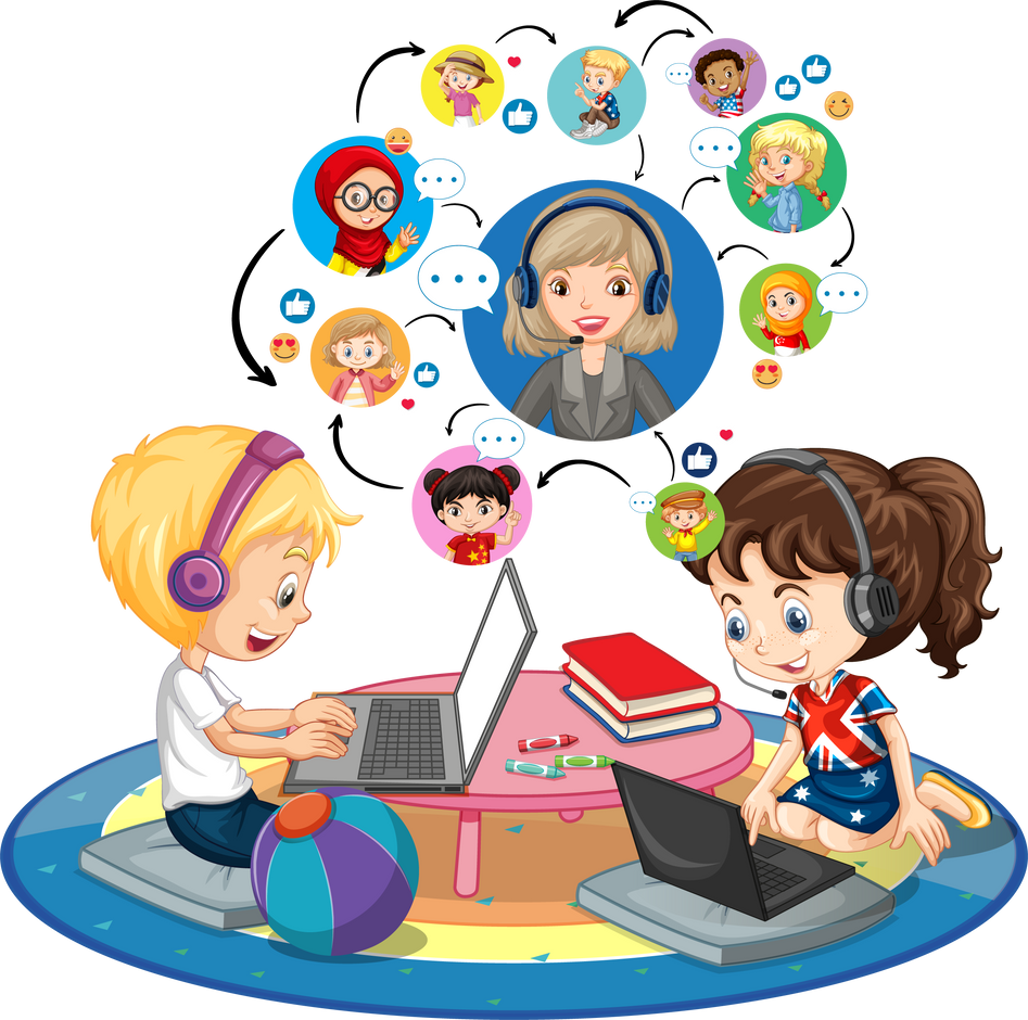 Side view of children using laptop for communicate video con